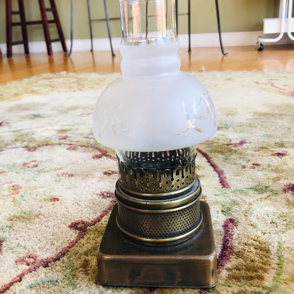 Brass Colored Candle Lamp 10 1/2” X 4 1/2” Etched Glass Shade